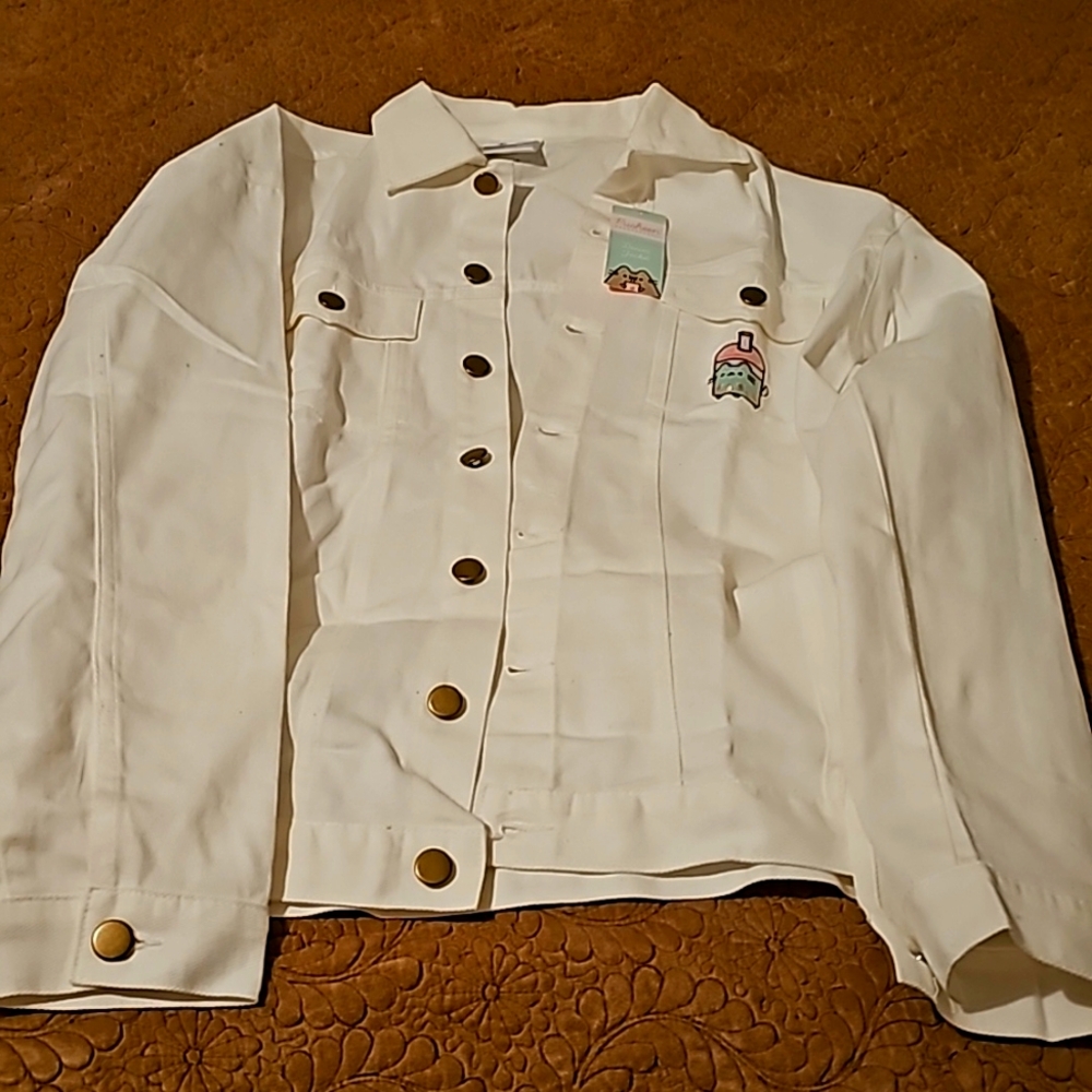 PUSHEEN CAT Boba Embroidered White Denim Jacket S/CH/P